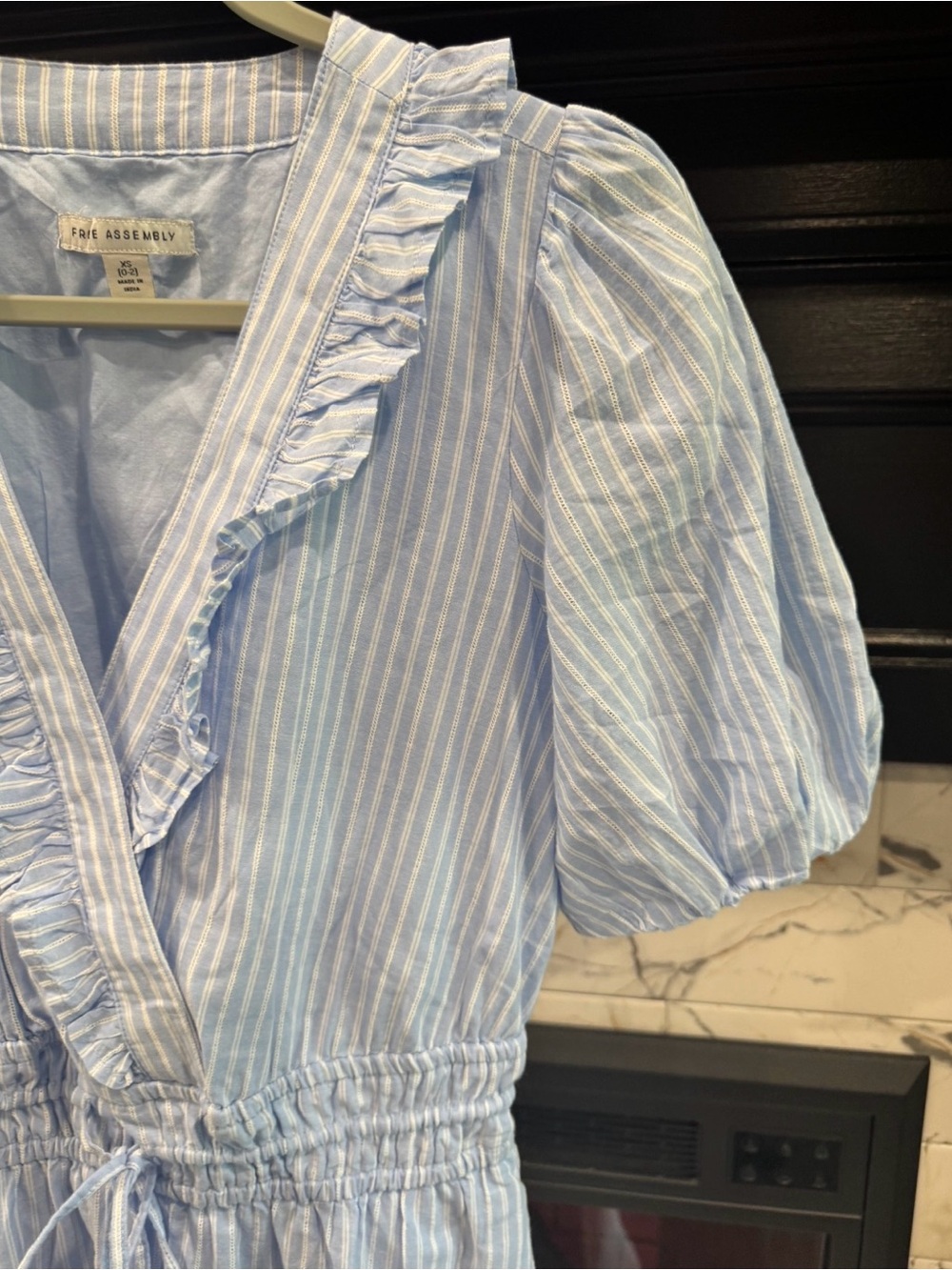 Adelyn Rae Light Blue & White Striped Ruffle Wrap Mini Dress - Picture 3 of 7